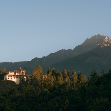 Amankora retreat nestled in a forested valley beneath Paro's mountain peaks at dusk.