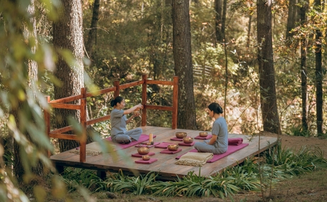 Meditation platform surrounded by forest trees at Amankora, Thimphu.