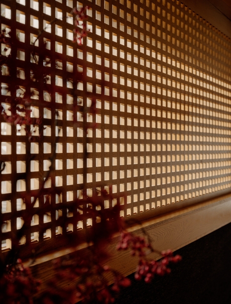 Entrance wall of small illuminated alcoves at Aman Le Mélézin, France.