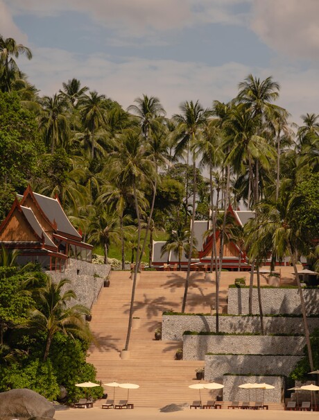 Amanpuri beach exterior with wooden stairs leading through palm-lined grounds to the shore, Thailand.