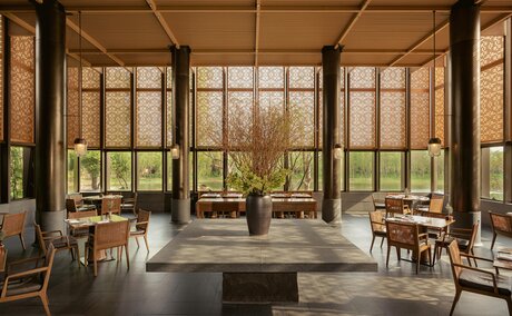Sunlit interior at Amanyangyun with floor-to-ceiling windows framing garden views, wooden furniture, and potted plants.