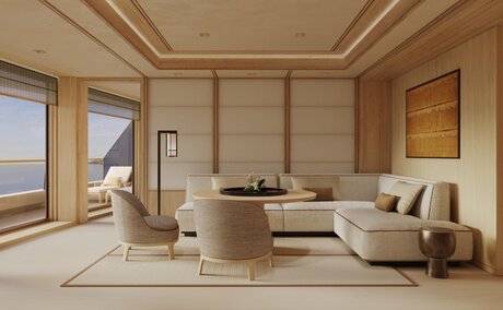Grand Suite at Aman at Sea with neutral furnishings, floor-to-ocean views, and serene minimalist design.