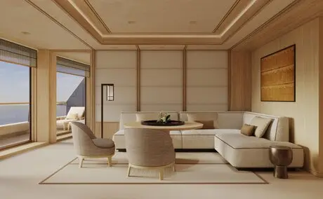 Grand Suite at Aman at Sea with neutral furnishings, floor-to-ocean views, and serene minimalist design.