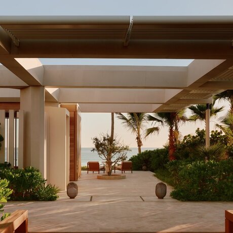 Beachfront casita arrival at Amanvari, Mexico, with covered terrace and tropical plants.