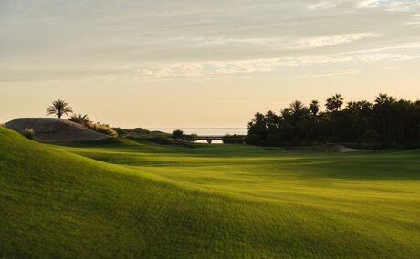 Costa Palmas Golf Club fairway at Amanvari, Mexico, with manicured green landscape and distant treeline.