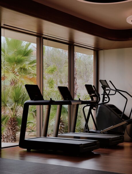 Gym equipment including a treadmill and exercise bike positioned beside floor-to-ceiling windows overlooking tropical gardens at Amanvari.