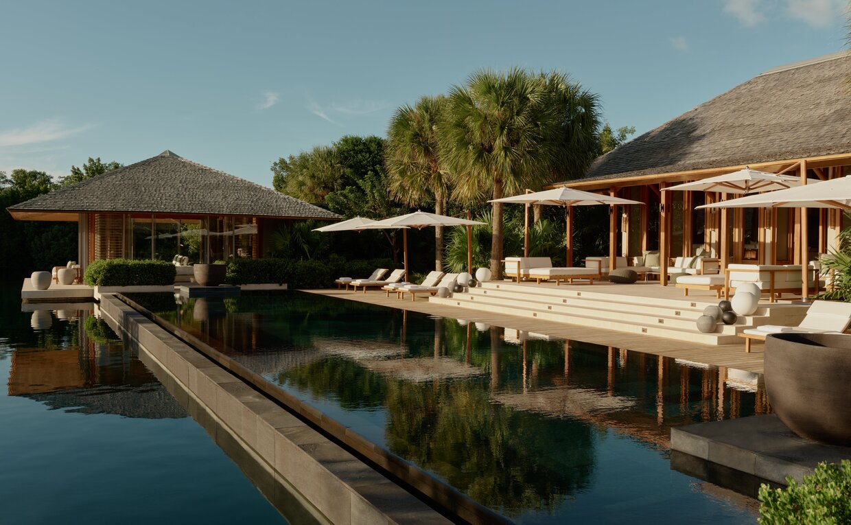 Villa 8 pool and pavilion overlooking turquoise waters at Amanyara, Turks & Caicos.