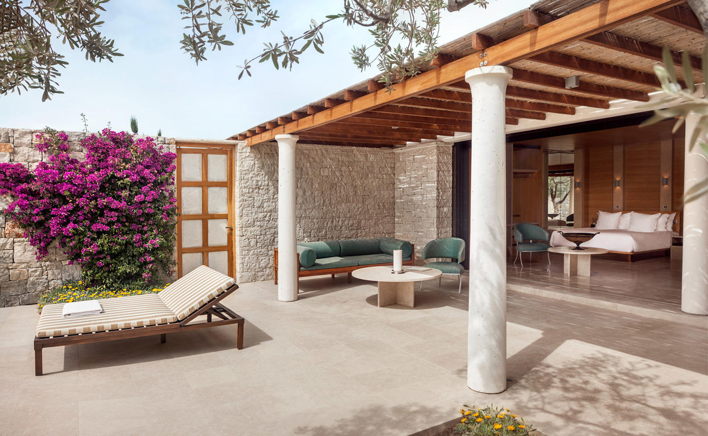 Terrace with sun lounger and outdoor living area, One-Bedroom Beach Cabana - Amanzoe, Greece