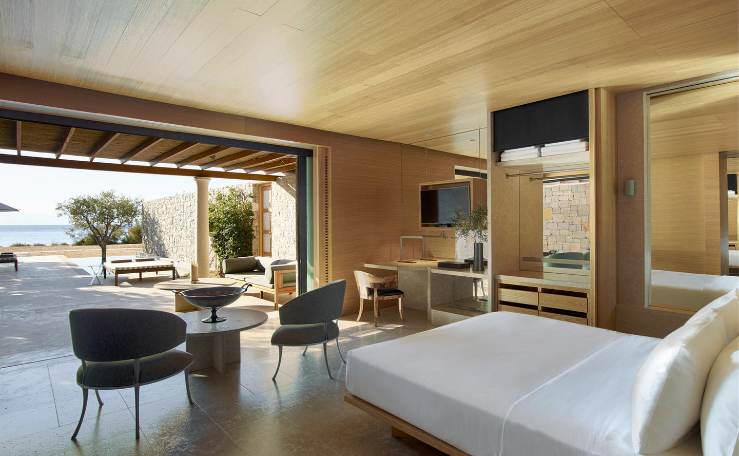 Bedroom looking out onto private terrace and swimming pool, One-Bedroom Beach Cabana - Amanzoe, Greece