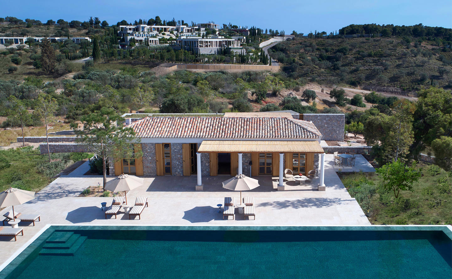 Aerial View of Villa Exterior & Swimming Pool, One-Bedroom Villa - Amanzoe, Greece