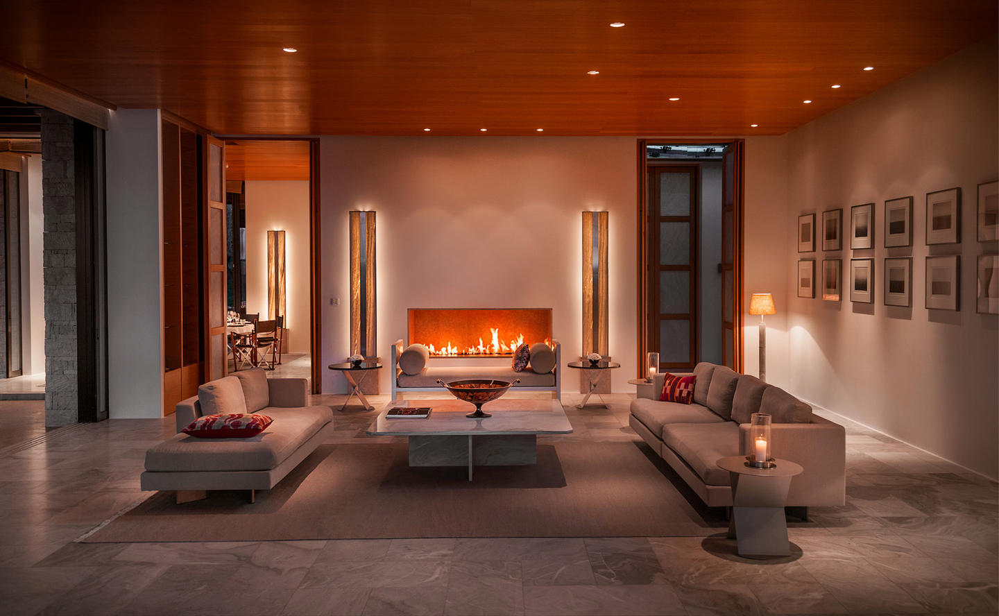 Living Area at Night with Fireplace, Four-Bedroom Villa - Amanzoe, Greece