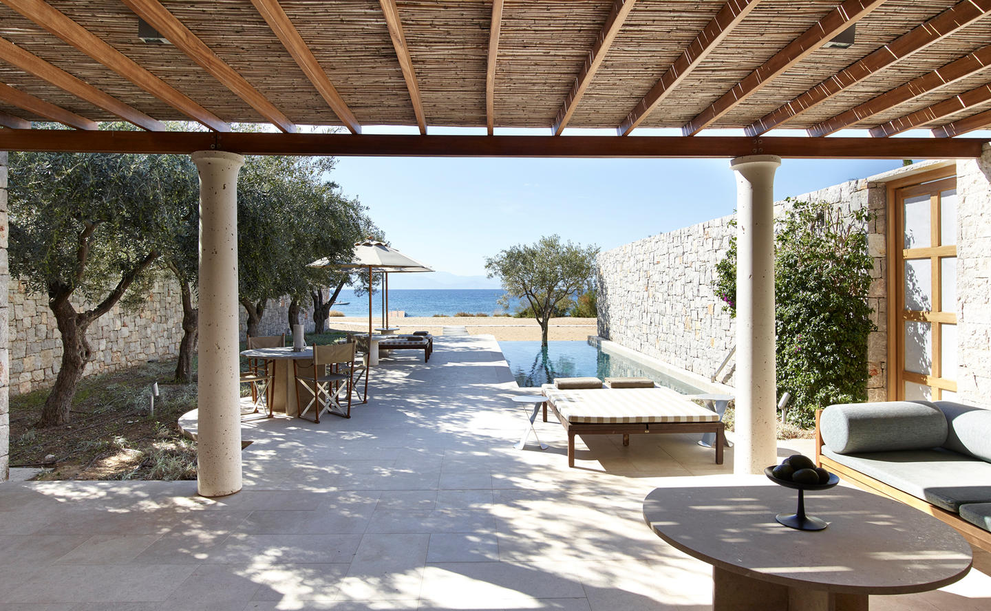 View from bedroom to the beach, One-Bedroom Beach Cabana - Amanzoe, Greece