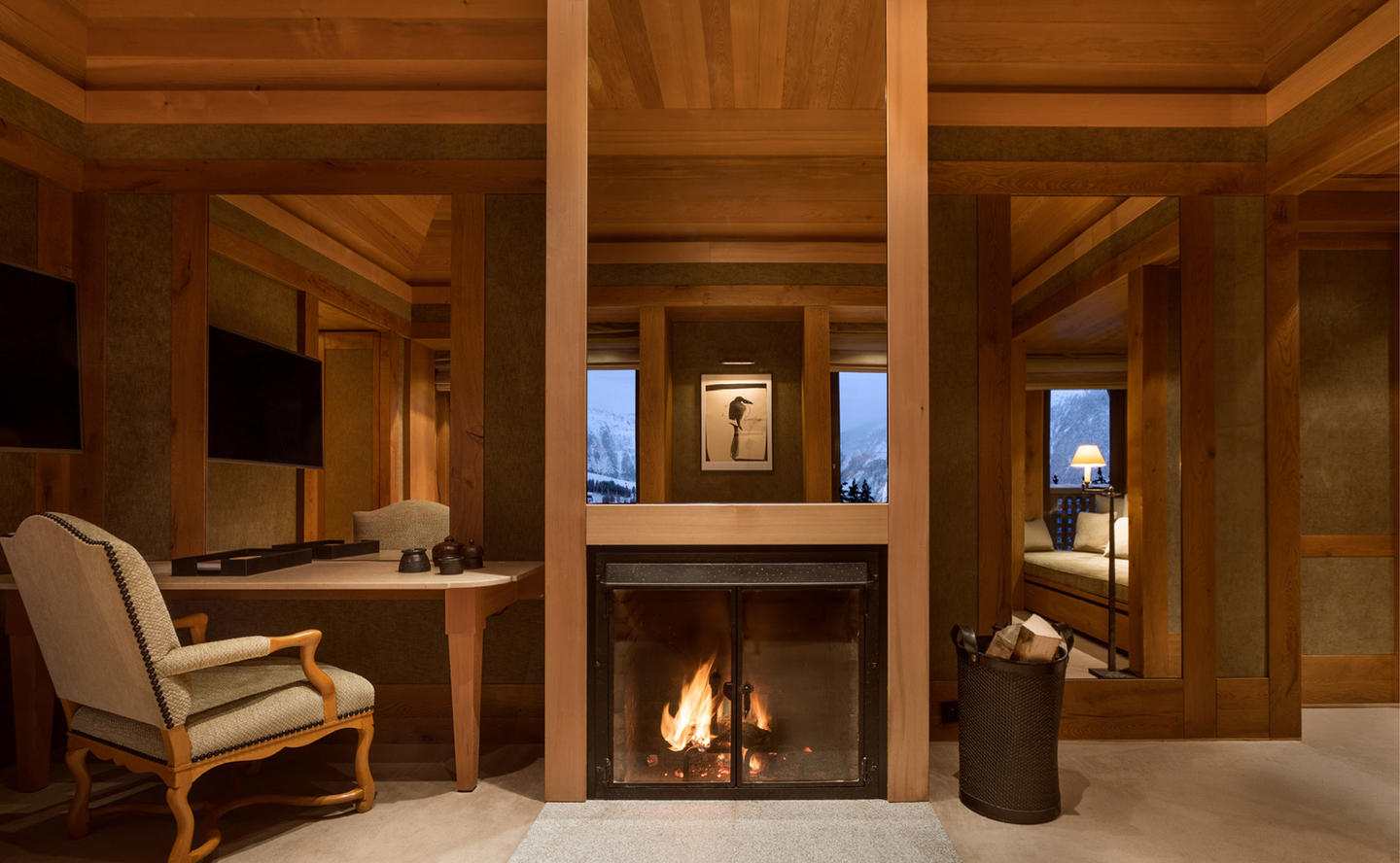 Fireplace in Living Area, Suite La Vanoise, Aman Le Melezin, France