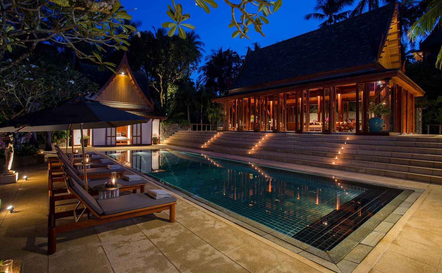 Swimming Pool & Main Pavilion at Night, Three-Bedroom Garden Villa, Amanpuri, Thailand