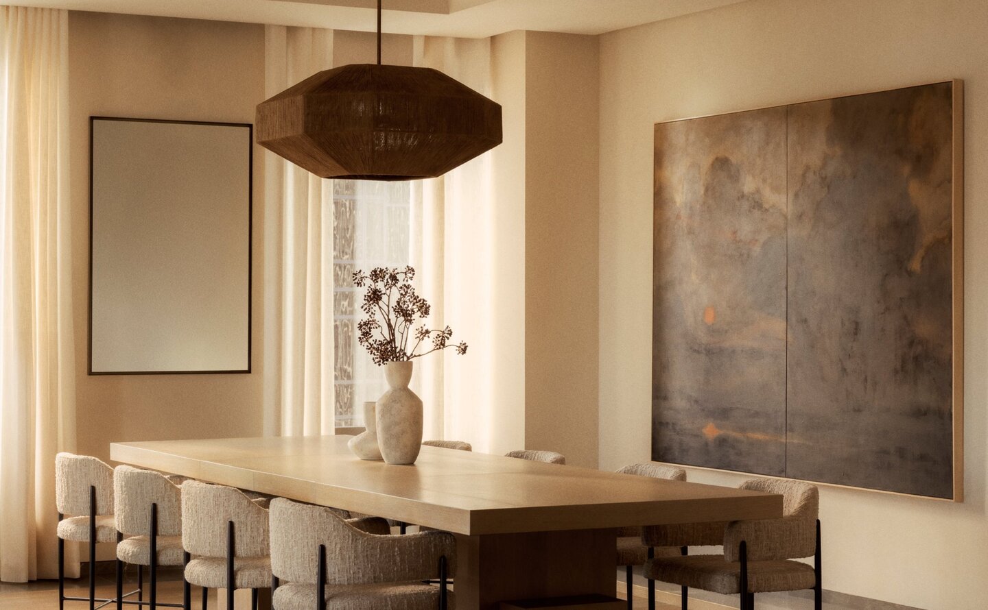 Dining room at Aman New York with wooden table, pendant light, and neutral-toned walls.