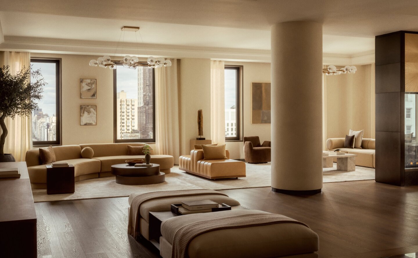 Aman New York penthouse living room with floor-to-ceiling windows, neutral tones, and modern furnishings.