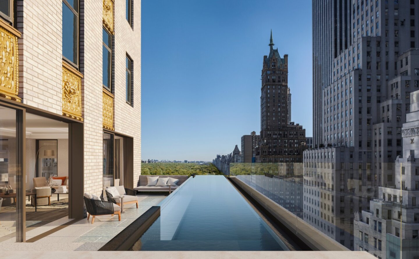 Three-bedroom home with reflecting pool and outdoor terrace overlooking Manhattan skyline at Aman New York.