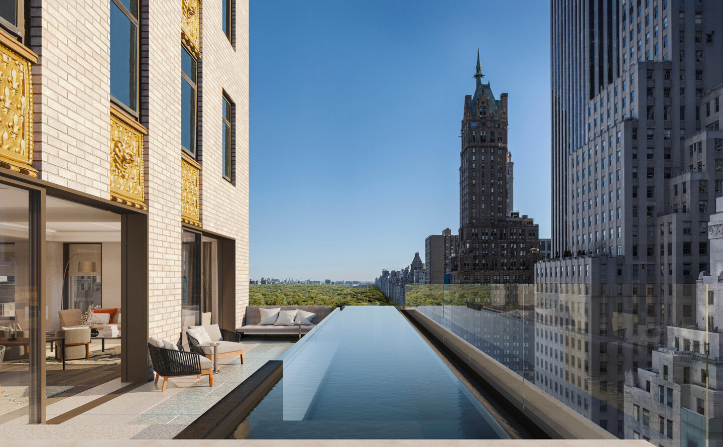 Residential pool at Aman New York with city skyline views and modern architecture.