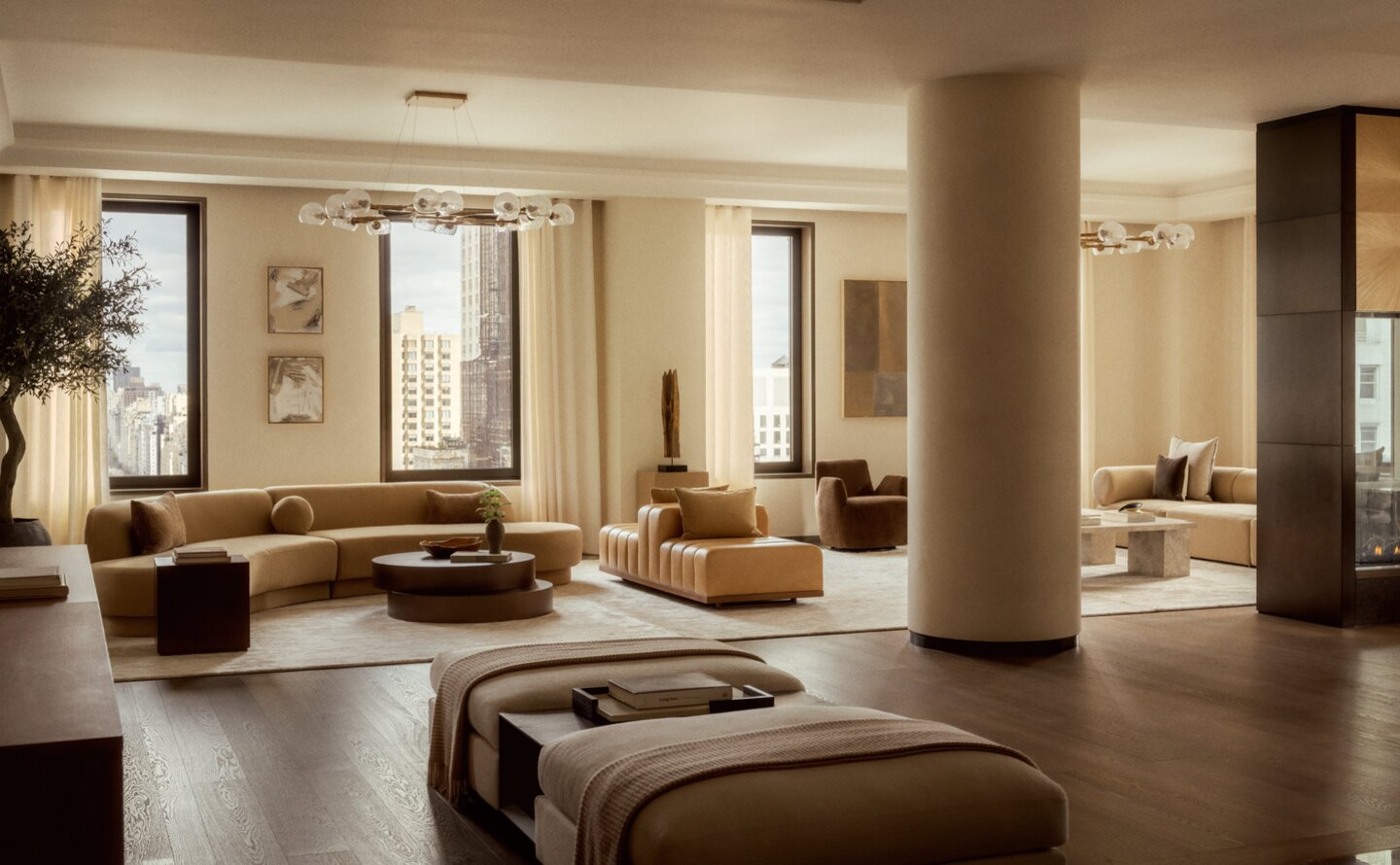 Principal bedroom suite at Aman New York penthouse with floor-to-ceiling windows and neutral furnishings.