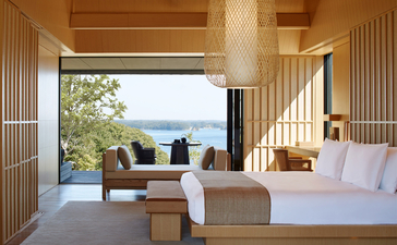 Principal bedroom with ocean views at Amanemu resort, Japan.