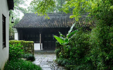 Amanfayun's traditional pavilion with curved tile roof framed by lush green foliage and stone pathway.