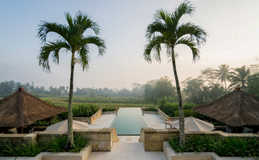 Dalem Jiwo Suite plunge pool at Amanjiwo, framed by palm trees with volcanic peaks beyond.