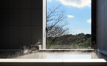 Amanemu resort's minimalist bathroom window framing bare tree branches and blue sky.