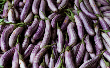 Freshly harvested purple aubergines arranged at Amangalla.