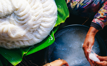 Overhead view of fresh seafood at Amansara, including prawns and squid on a bright green surface.