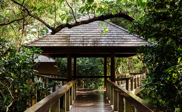 Wooden pavilion with pitched roof nestled amongst dense tropical foliage at Amanpulo, Philippines.