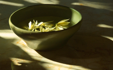 Bowl of yellow flowers floating in water at Amandari, caught in dappled sunlight.