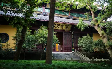 Amanfayun pavilion nestled amongst lush greenery and mature trees, with soft natural light filtering through the canopy.