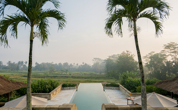 Symmetrical view down a stone pathway with twin palm trees flanking a reflection pool at Amanjiwo, misty landscape beyond.