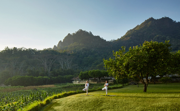 Amanjiwo wellness pavilions set amid manicured gardens with forested mountains beyond.