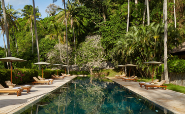 Rectangular infinity pool at Amankila with sun loungers and tropical gardens beyond.