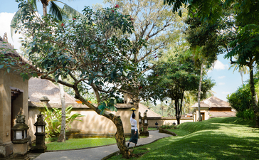 Amandari's manicured gardens with mature trees, green lawns and stone architecture under bright daylight.