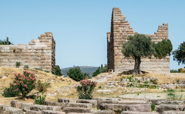 Ancient stone ruins at Amanruya with weathered towers set against a clear sky.
