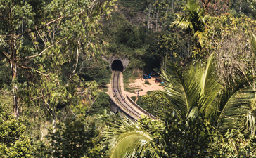 Aerial view of a winding pathway through lush tropical gardens at Amanwella.