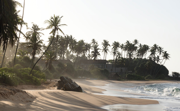 Amanbagh's sandy beach lined with palm trees and rocky outcrops along the shoreline.