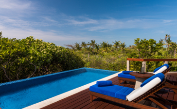 アマンプロのツリートップ・プール・カシータから、熱帯の緑と青い空を見渡す眺め。