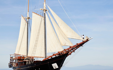 Traditional sailing yacht Amandira with cream canvas sails on calm blue waters.
