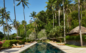 Piscina rectangular junto a exuberante vegetación tropical en Amankila resort.