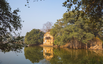 Ornate golden pavilion reflected in still water at Aman-i-Khas, Ranthambore National Park, surrounded by trees.