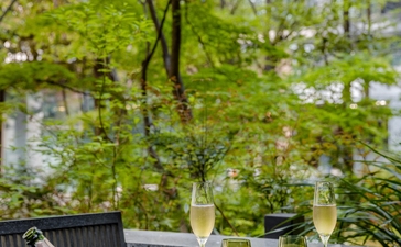 Spring garden view at Aman Tokyo with dining table beneath flowering trees.