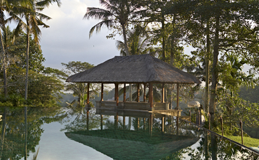 Resort swimming pool at Amandari, Indonesia, surrounded by tropical trees and lush vegetation.