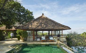Amandari villa with thatched roof overlooking an infinity pool, surrounded by lush tropical gardens.