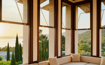 Library reading nook at Amanruya with floor-to-ceiling windows overlooking cypress trees and Turkish countryside.