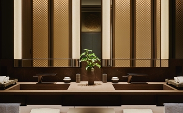 安缦纽约酒店第五大道套房的现代入口,以竖直木质条纹装饰墙和简约盆栽为特色。