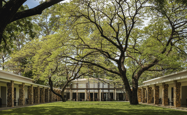 Amansara's courtyard framed by colonnades with a sprawling tree at centre and manicured lawn.