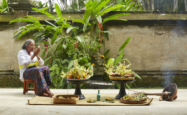 Amandari রিসর্টে সুস্থতা প্রোগ্রামের অংশ হিসেবে একজন ব্যক্তি উদ্ভিদ সহকারে বাগান করছেন।